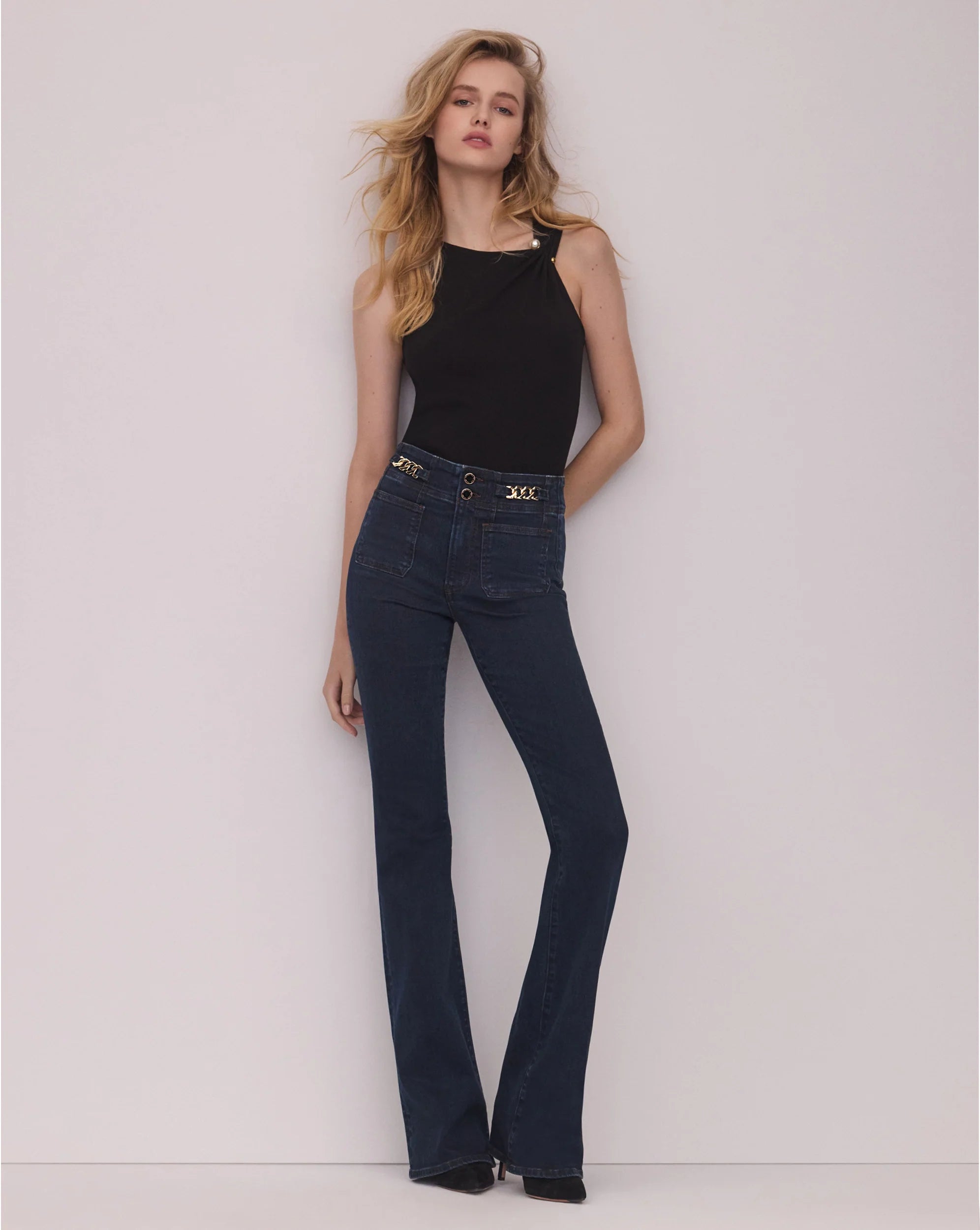 Beverly Skinny-Flare Chain-Detail Jean