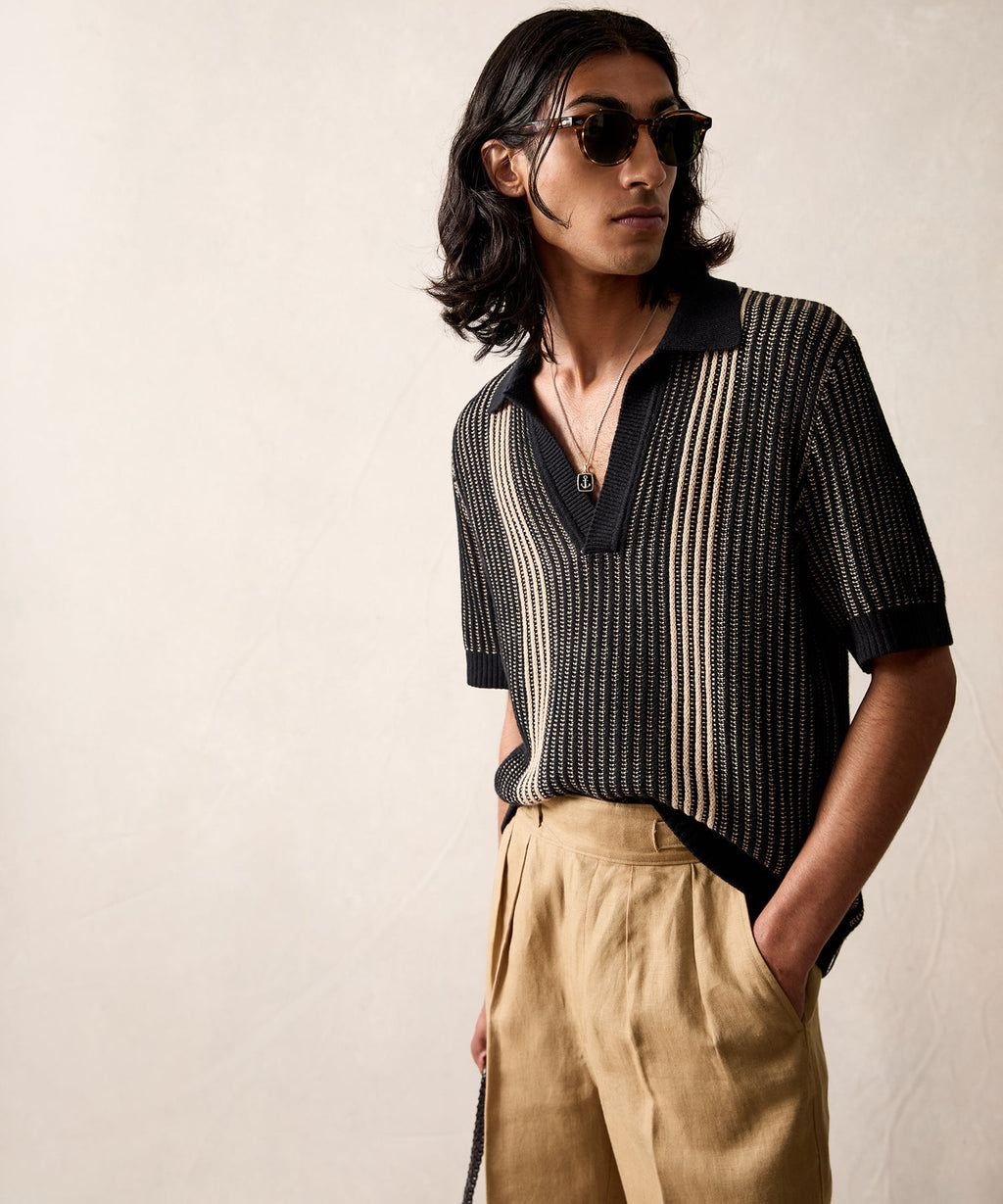 Striped Short-Sleeve Polo in Black