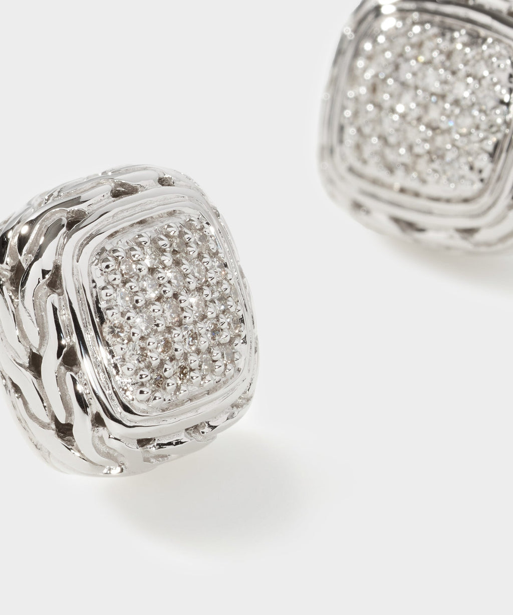 John Hardy Sterling Silver Carved Chain Stud Earring with Diamonds