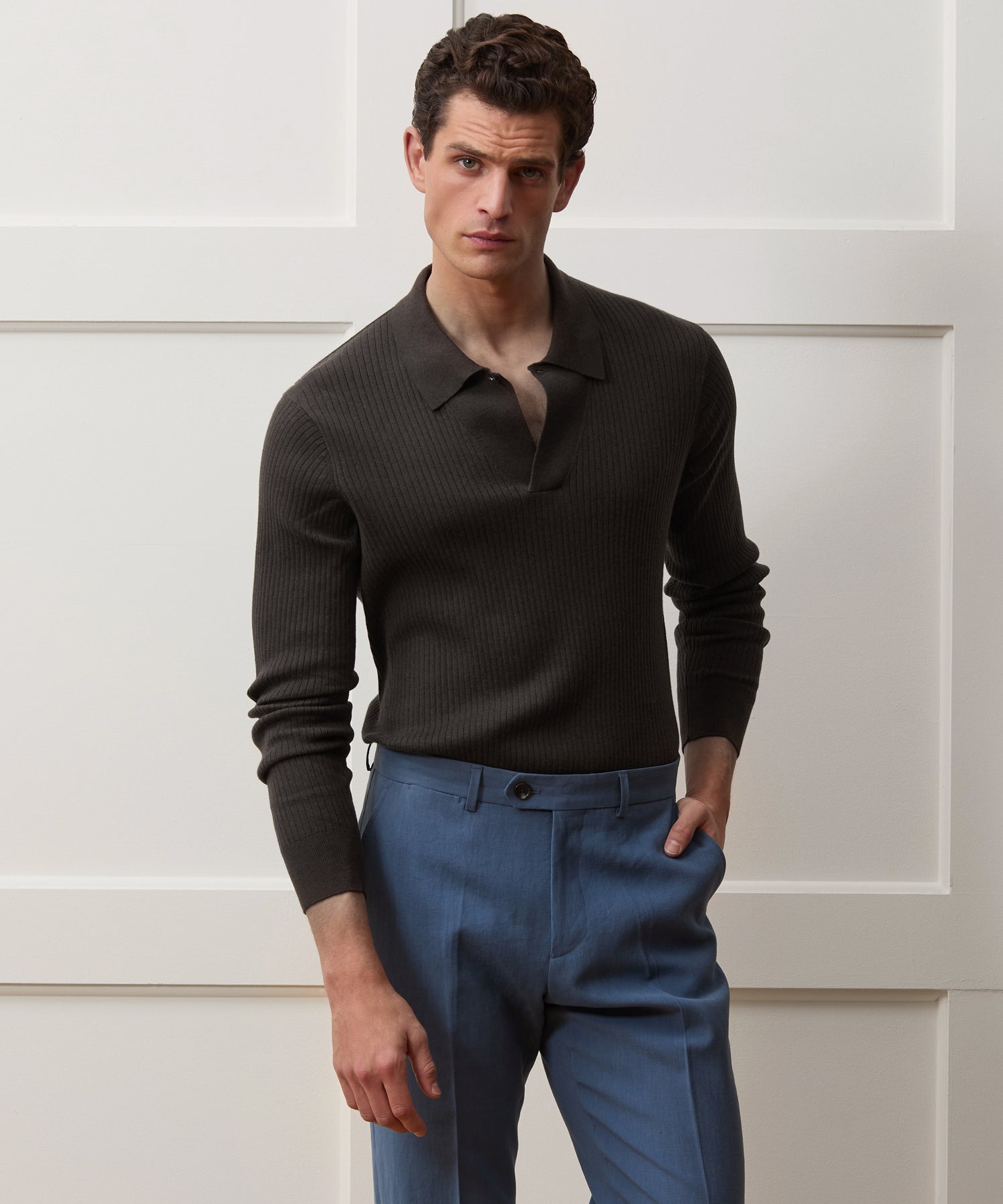 Ribbed Cotton-Cashmere Sweater Polo