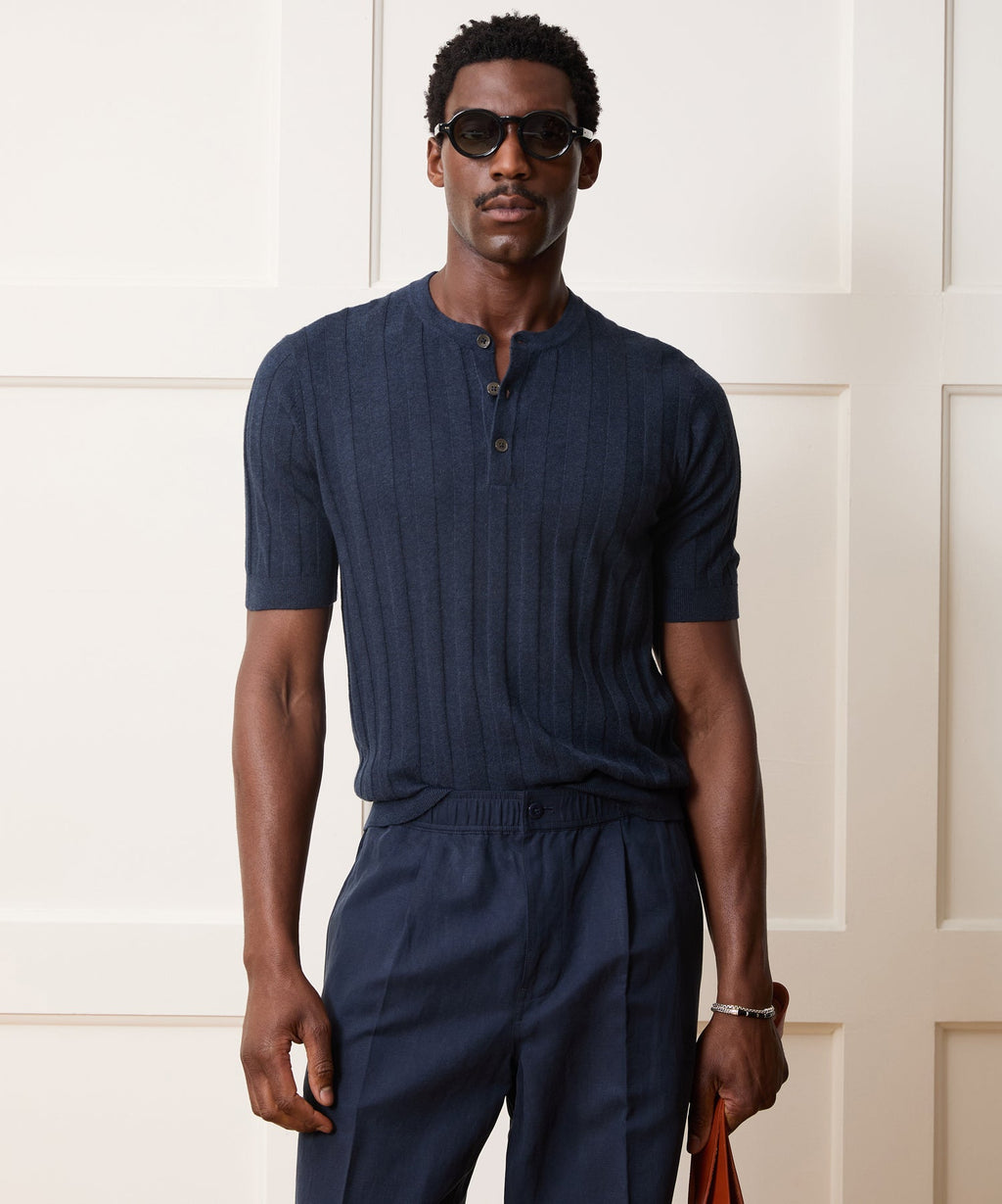 Ribbed Linen-Cotton Henley Sweater