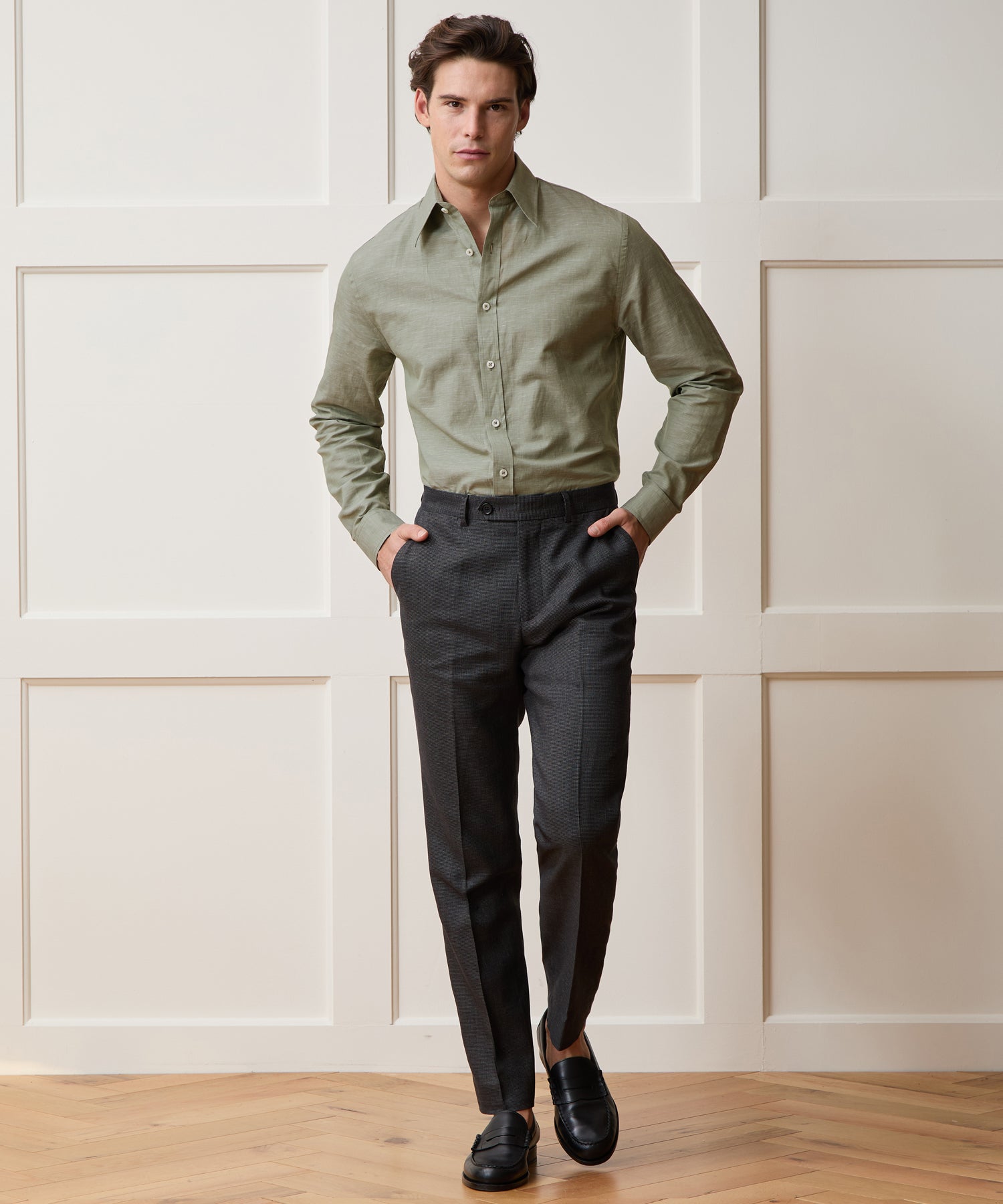 Italian Cotton-Linen Long Point Collar Dress Shirt