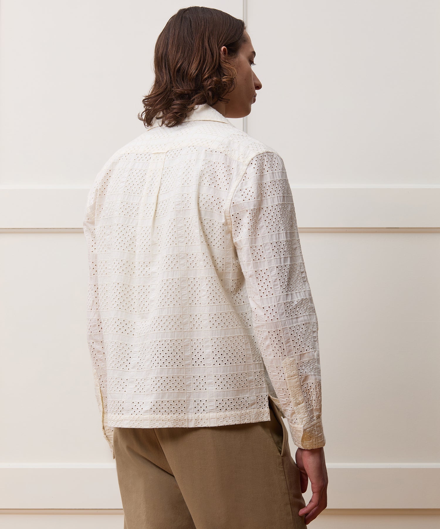 Cropped Embroidered Eyelet Camp Collar Shirt