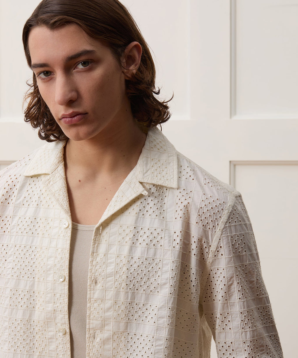 Cropped Embroidered Eyelet Camp Collar Shirt