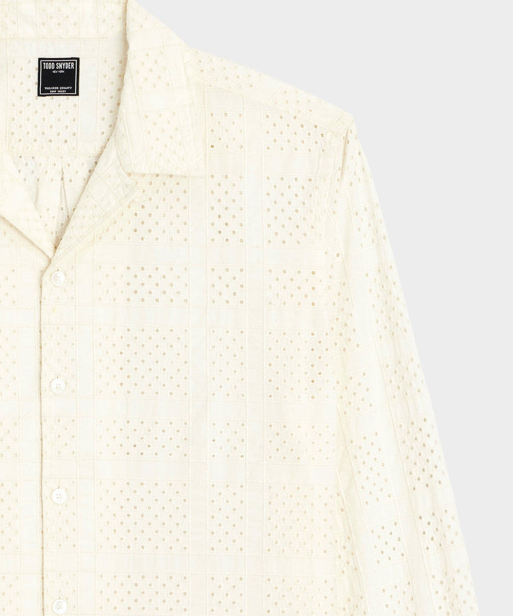 Cropped Embroidered Eyelet Camp Collar Shirt