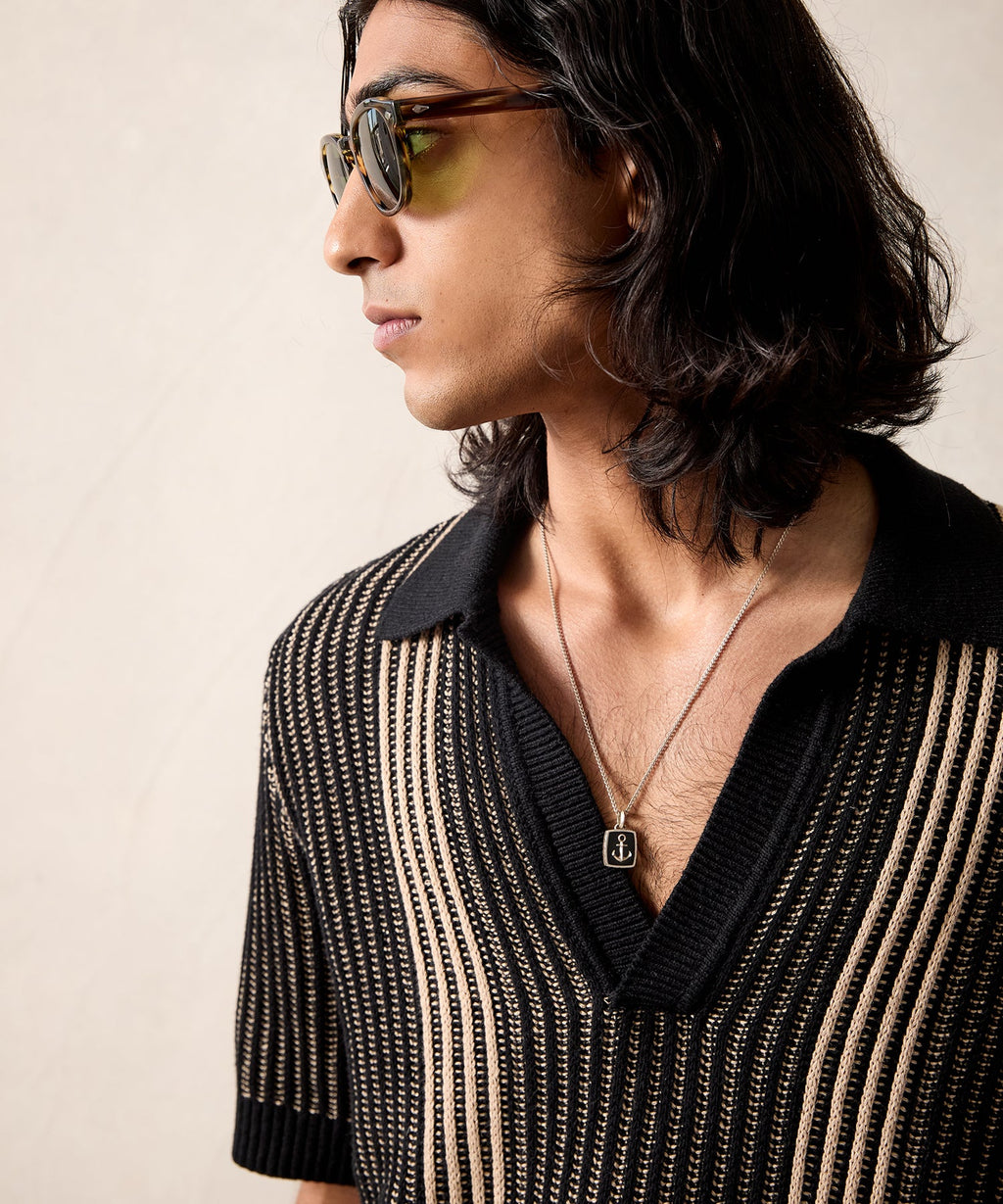 Striped Short-Sleeve Polo in Black