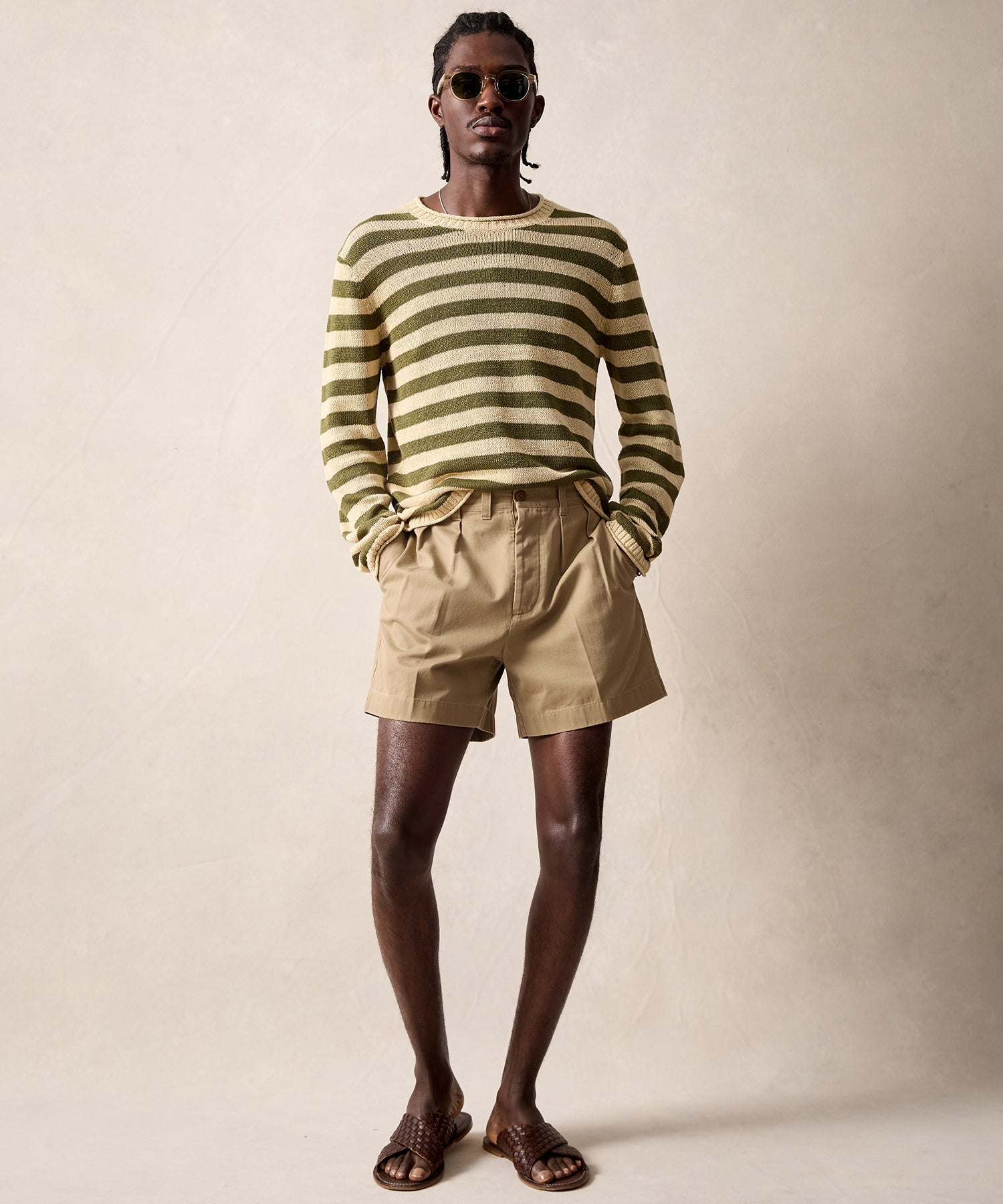 Linen Striped Crewneck in Olive