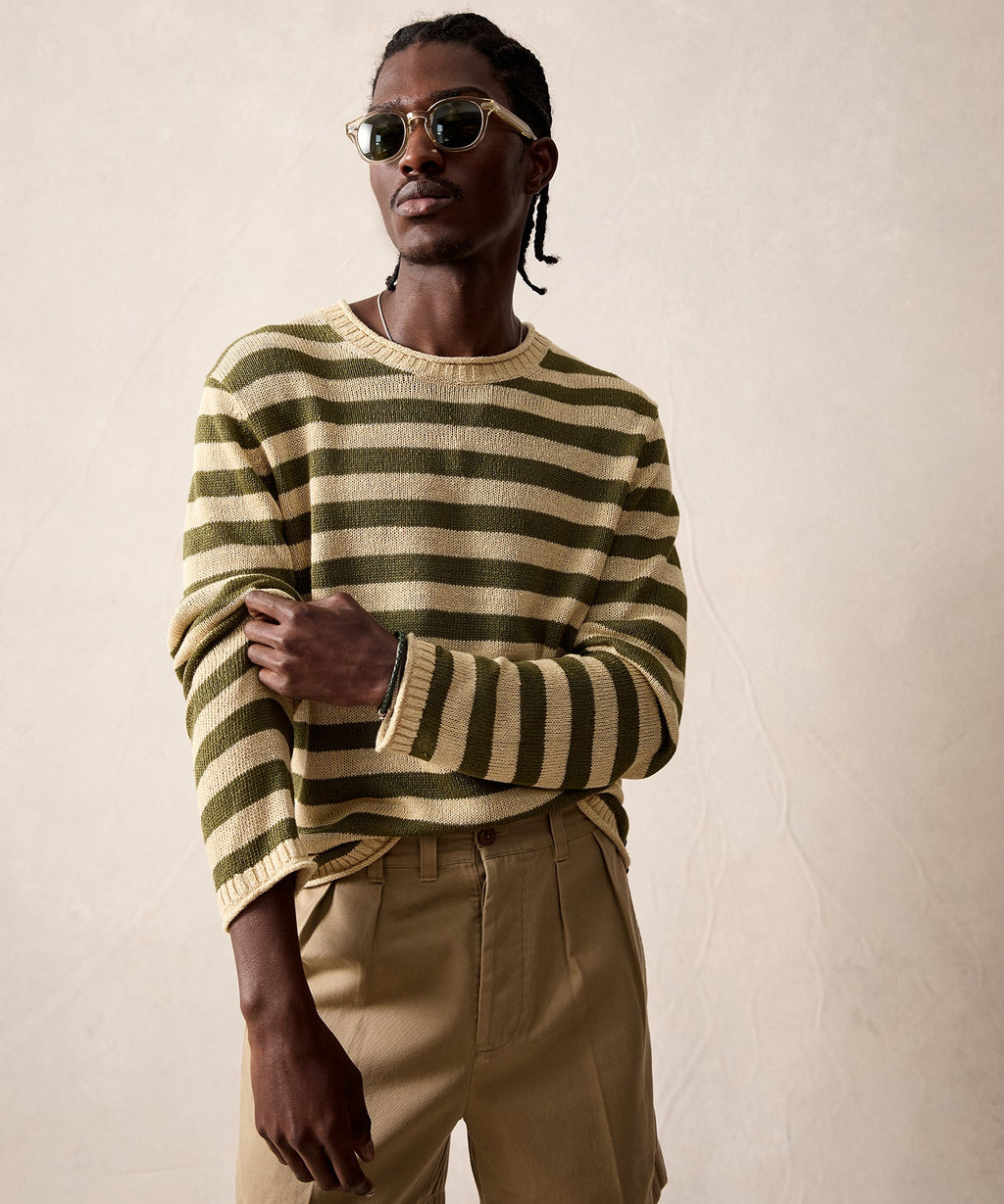 Linen Striped Crewneck in Olive