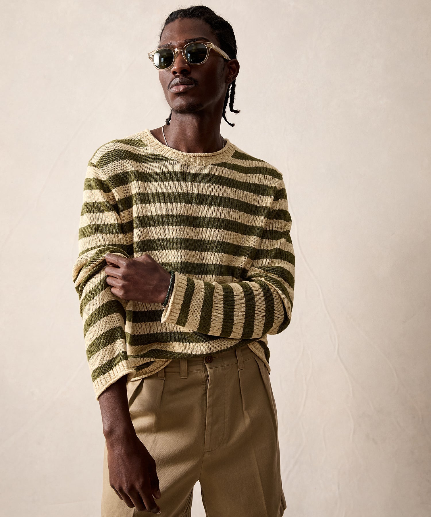 Linen Striped Crewneck in Olive