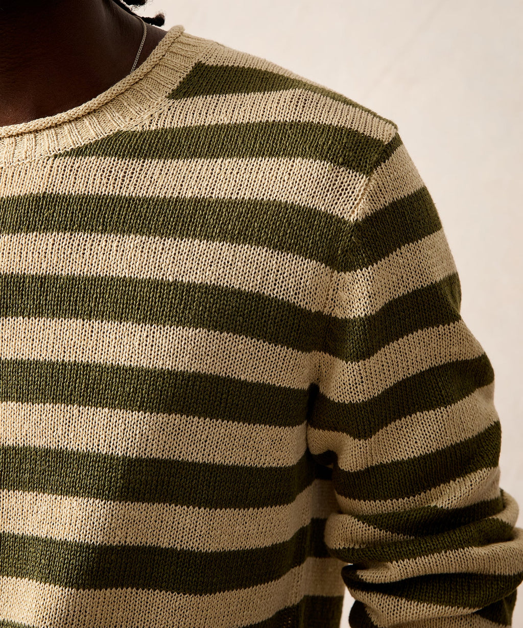 Linen Striped Crewneck in Olive