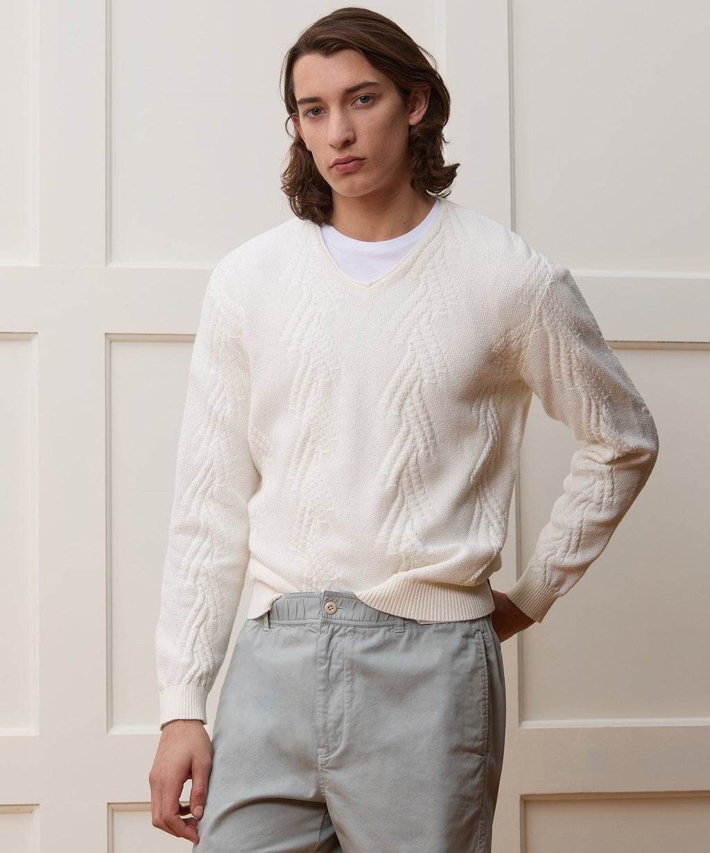 Cotton V-Neck Fisherman Sweater