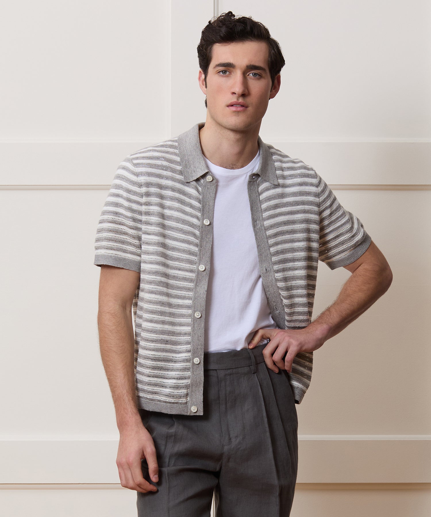Cropped Pointelle Linen Sweater Polo