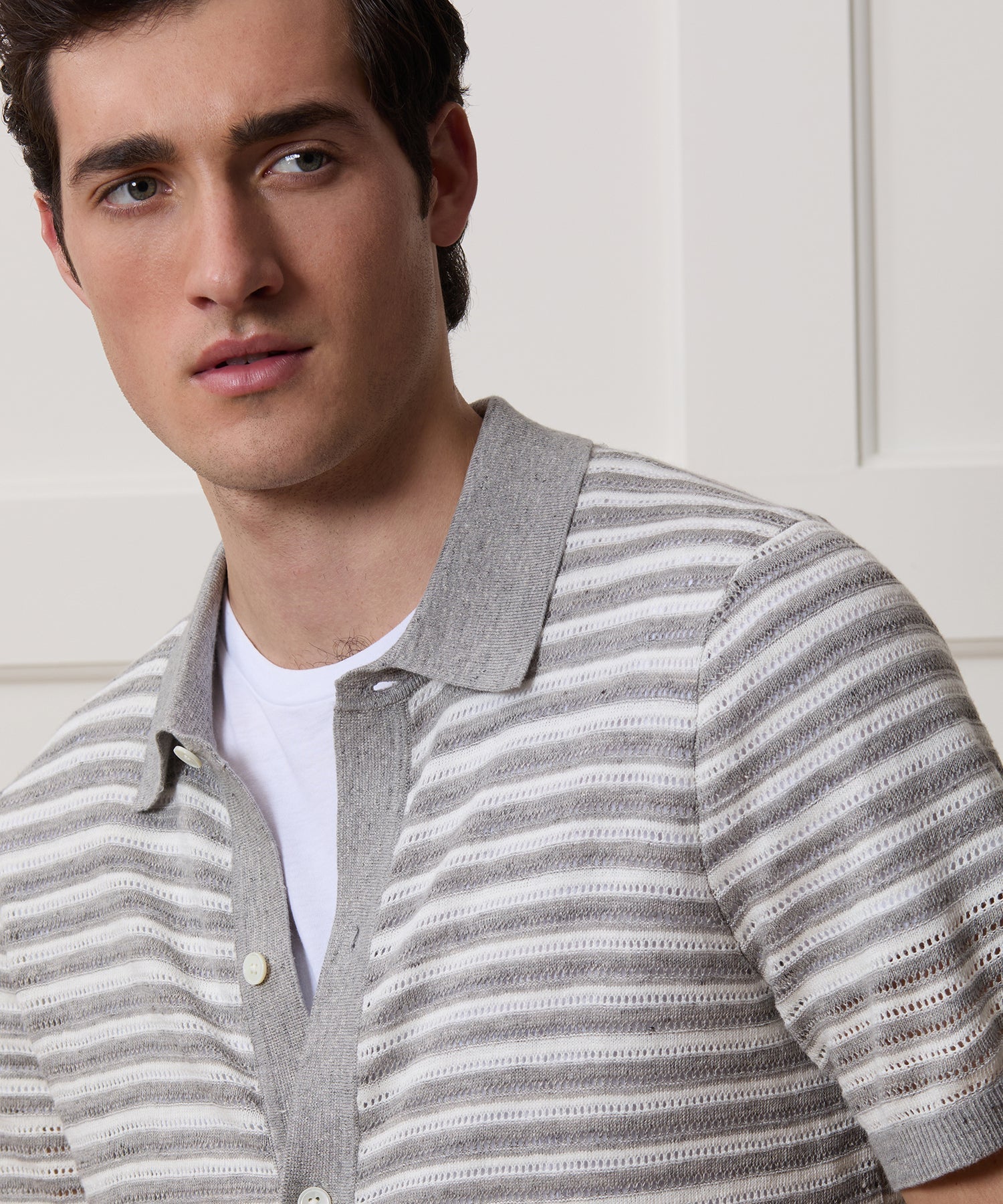 Cropped Pointelle Linen Sweater Polo