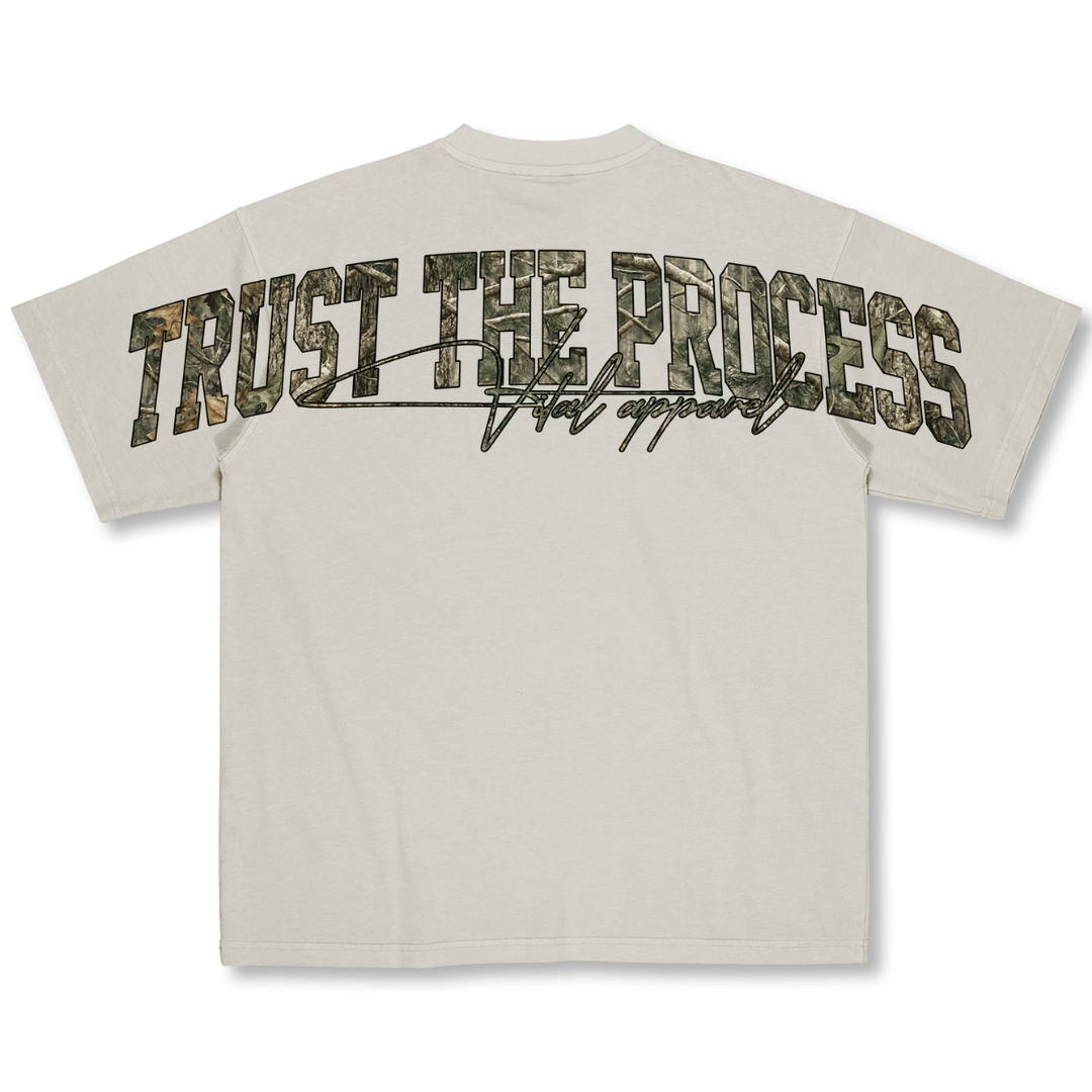 Oversized Pump Cover T-Shirt - Trust the Process/Cream Woodland Camo