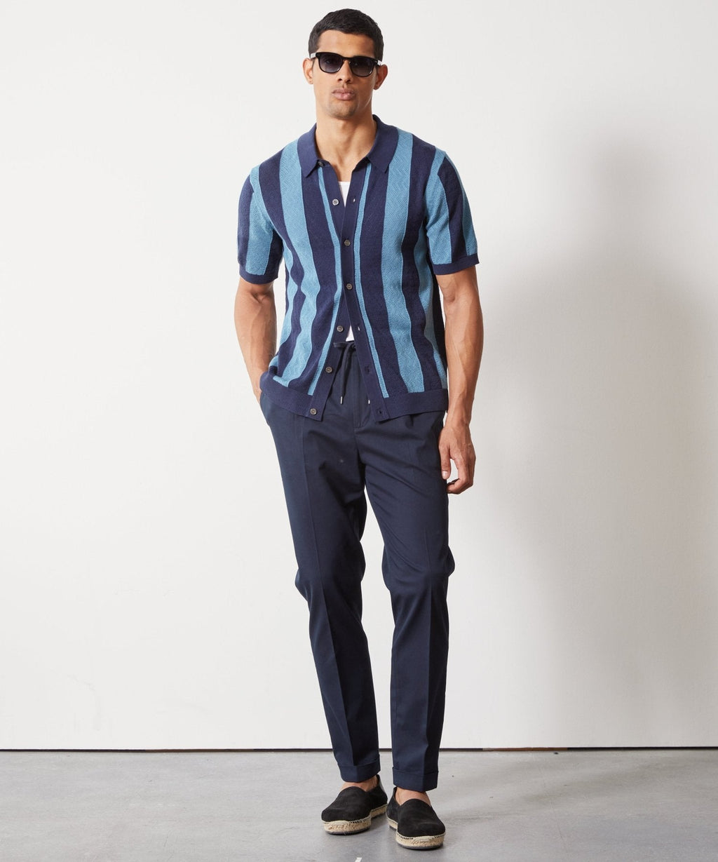 Silk-Cotton Striped Full-Placket Sweater Polo