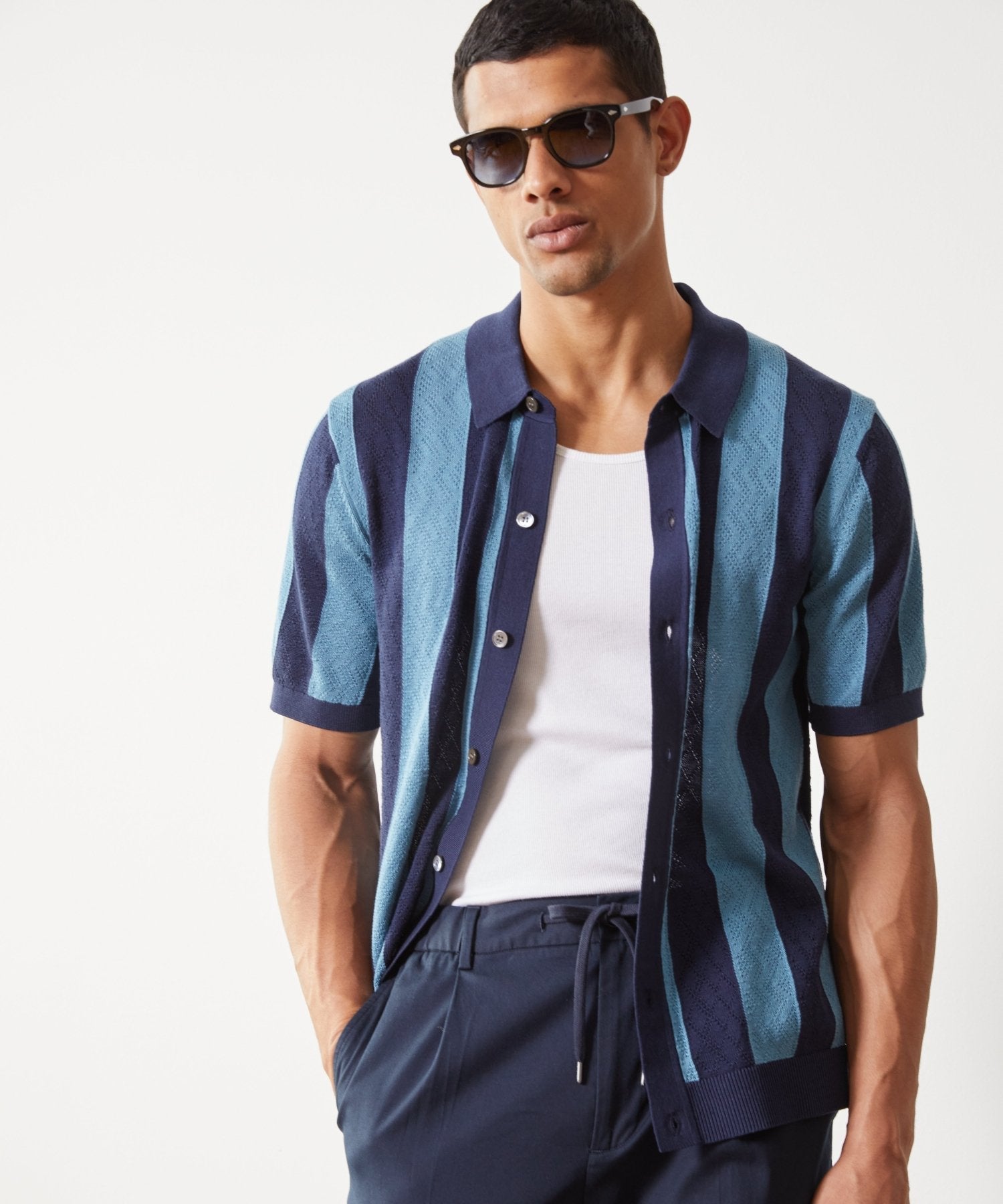 Silk-Cotton Striped Full-Placket Sweater Polo