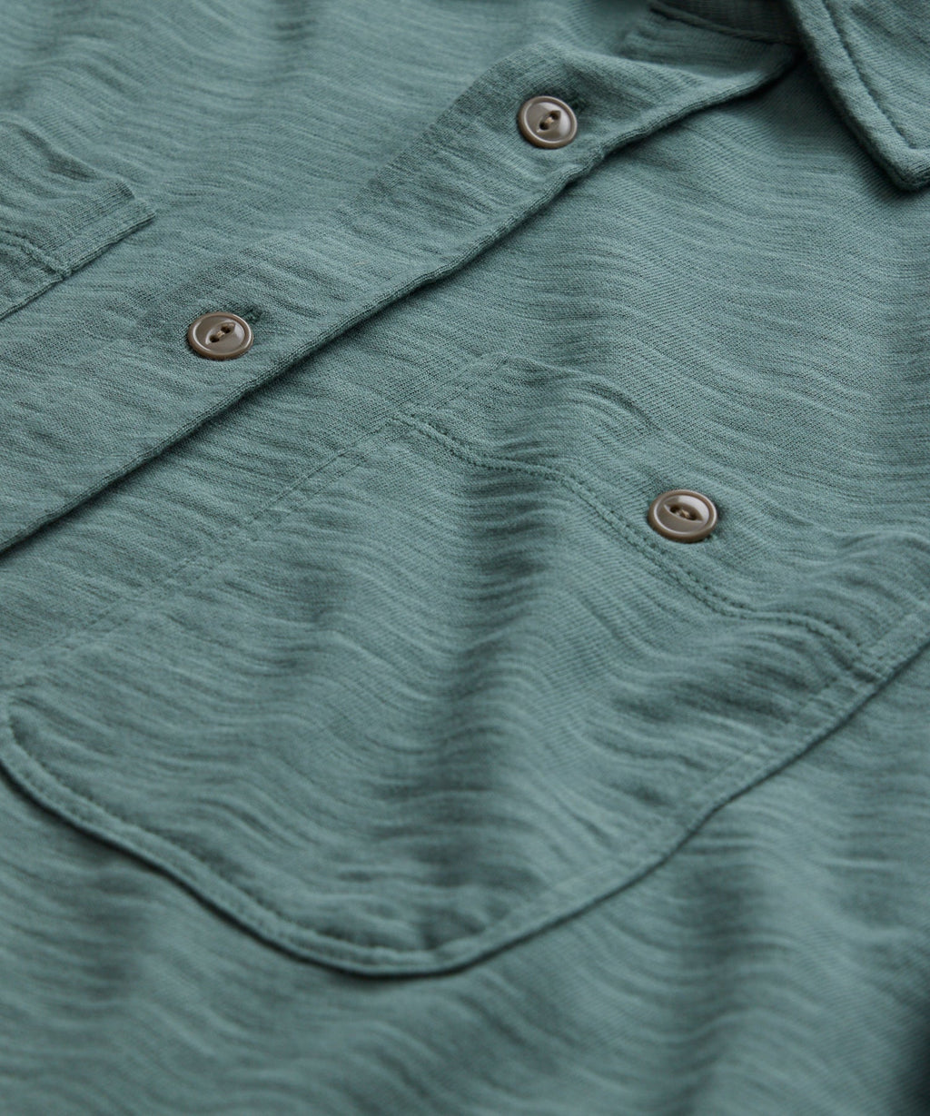 Long-Sleeve Slub Jersey Camp Shirt in Green Pewter