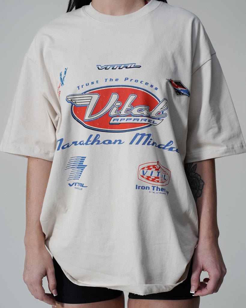 Oversized Pump Cover T-Shirt - Retro Marathon T Cream