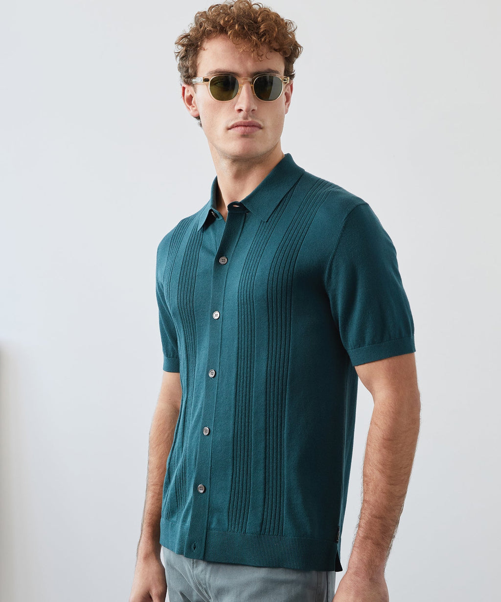 Silk-Cotton Ribbed Full-Placket Sweater Polo