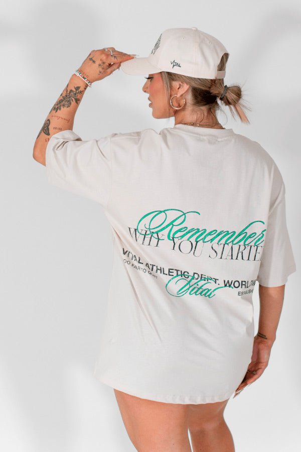 Oversized Pump Cover T-Shirt - Vintage Remember Why You Started T Beige