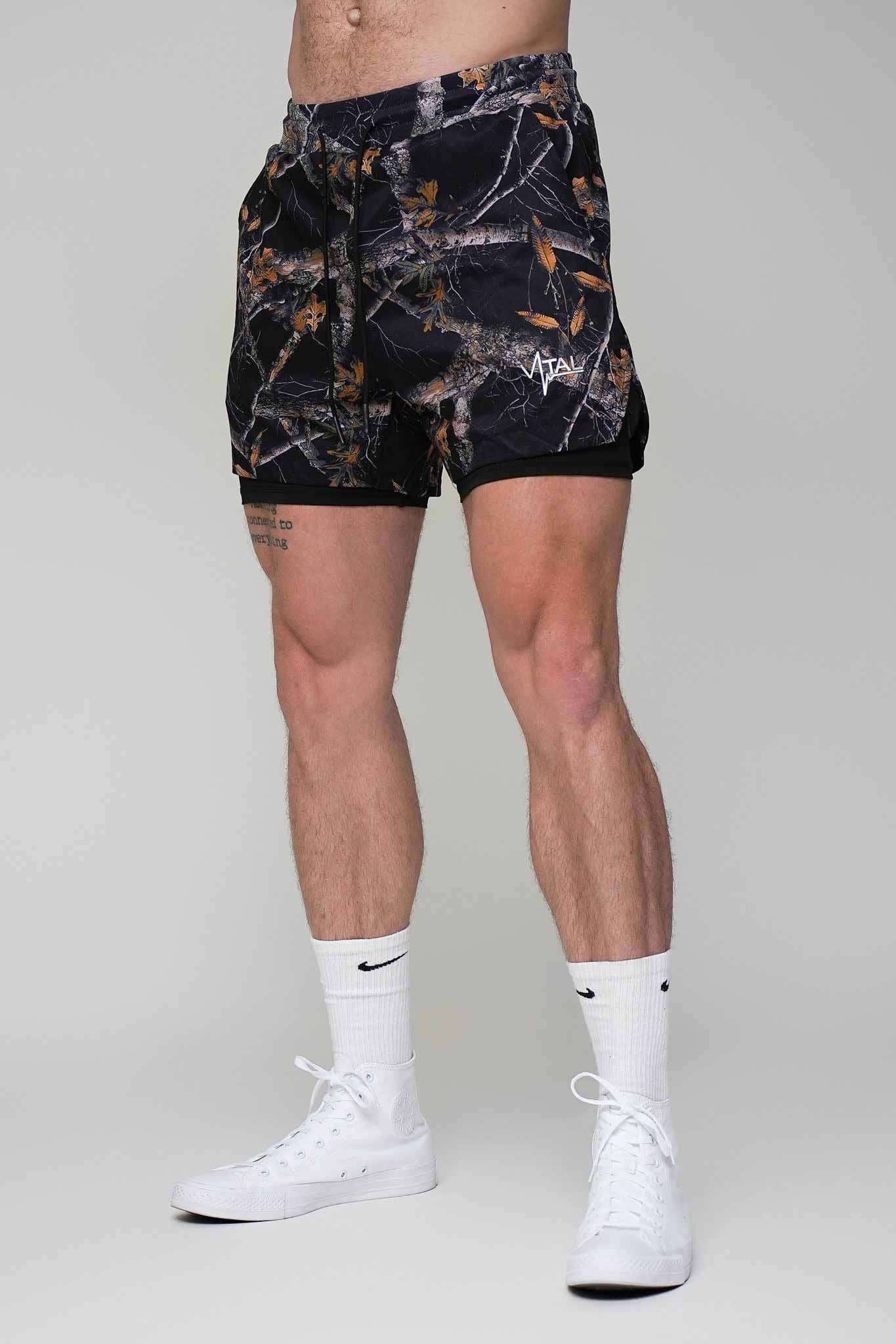 Tech Lined Performance Shorts 5.5" - Black Woodland Camo