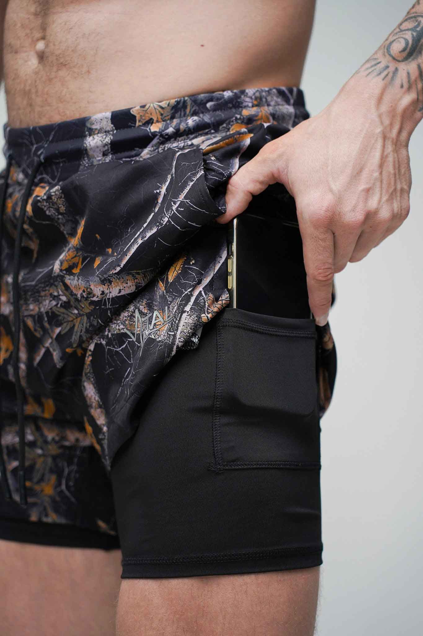 Tech Lined Performance Shorts 5.5" - Black Woodland Camo