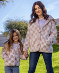 Women's Checkered Sherpa Cardigan - Pink & Cream