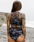Women's Luxe Black Mesh High Waisted Bikini Bottom - Black Camo
