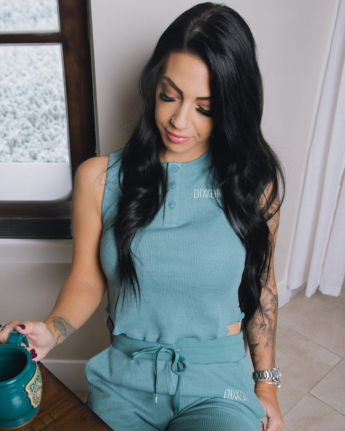 Women's Waffle Knit Crop Tank - Lagoon