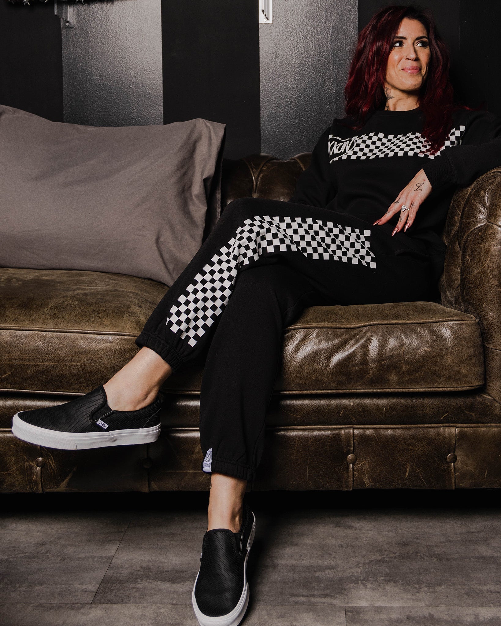 Women's White Checkers Crewneck Sweatshirt - Black